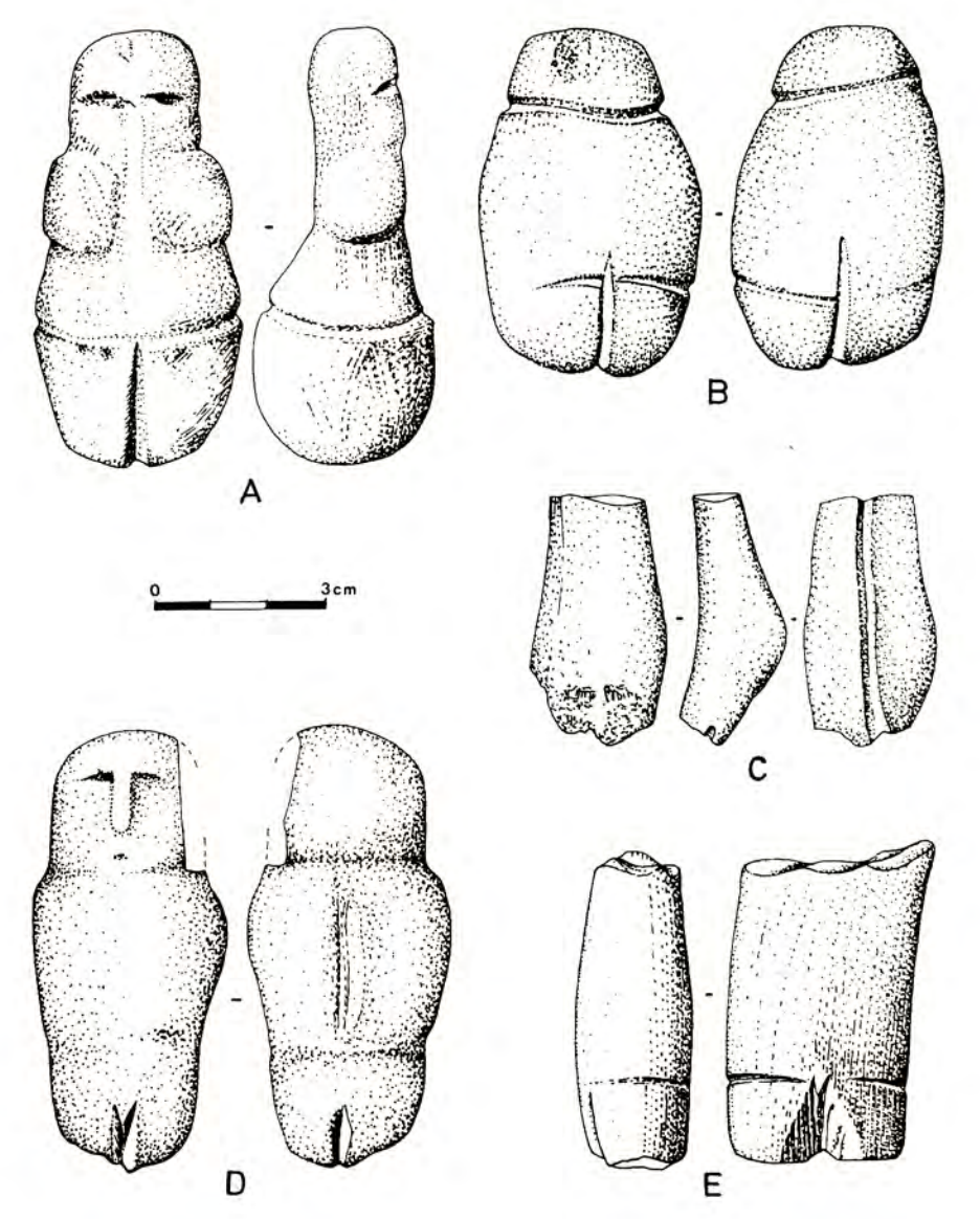 drawings of five statuettes at different angles.