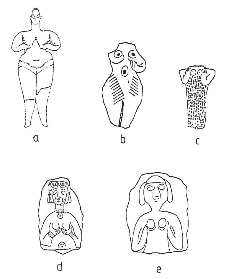 Line art drawings of six females figures.