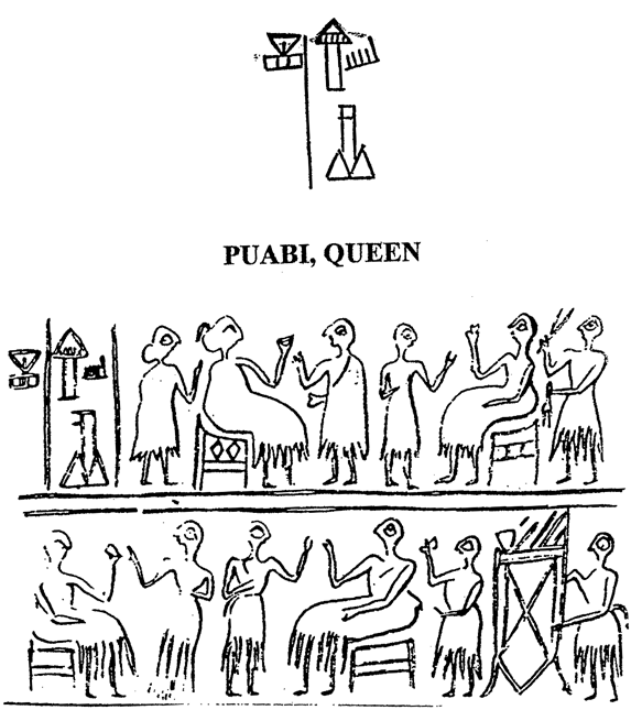 (Fig. 5) Name and title of Puabi carved on a seal recovered in the Royal Cemetery of Ur (U10939) (Source: Pierre Amiet, La Glyptique Mésopotamienne Archaique, Editions du CNRS, Paris 1980, Pl. 90: 1182)