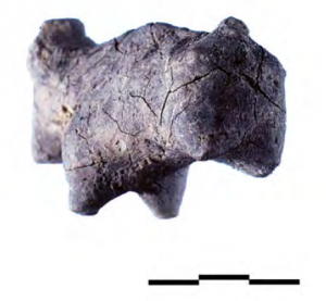 Detail of bull with legs reduced to minute pointed stumps, they lack any indication of thigh, knee, ankle, forelock, or hoof.