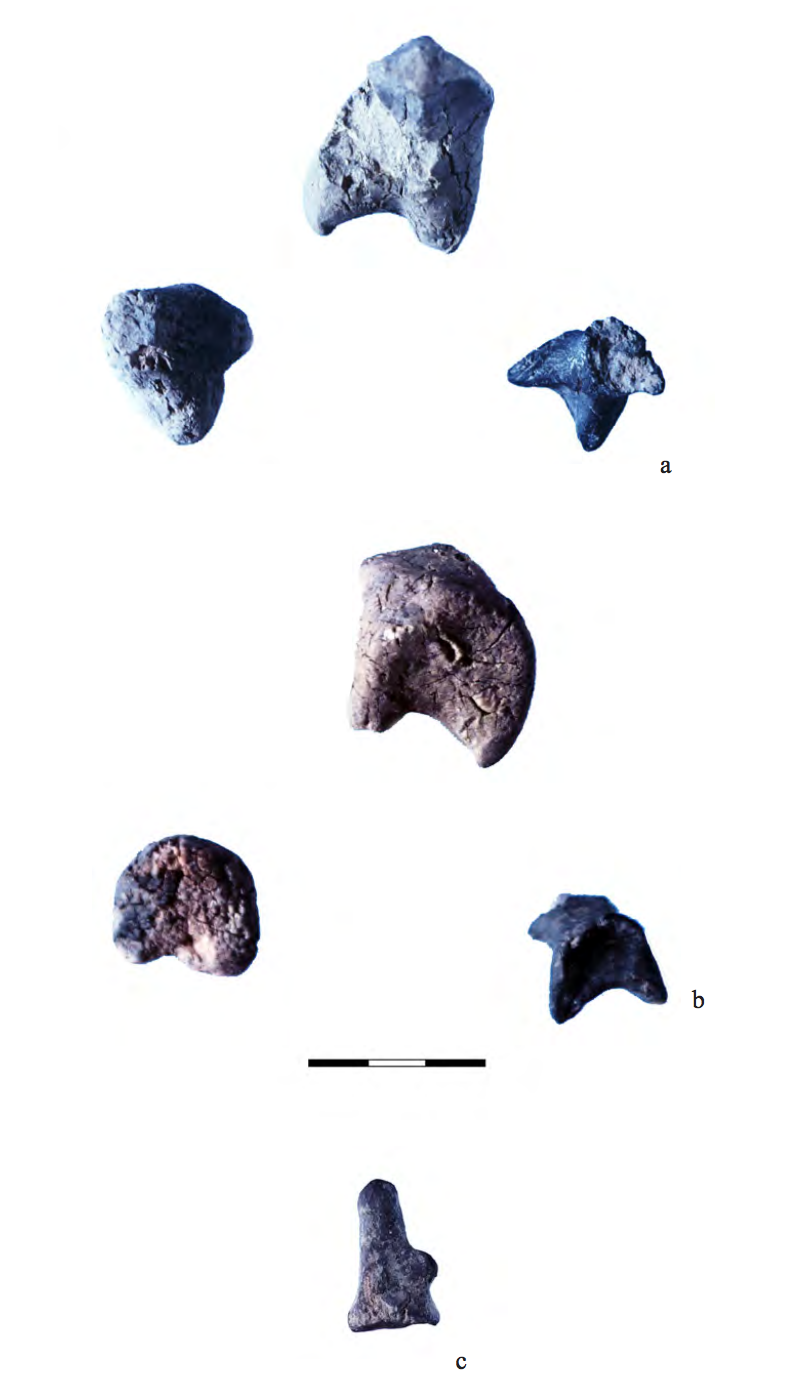 Photographs of seven conical figures.