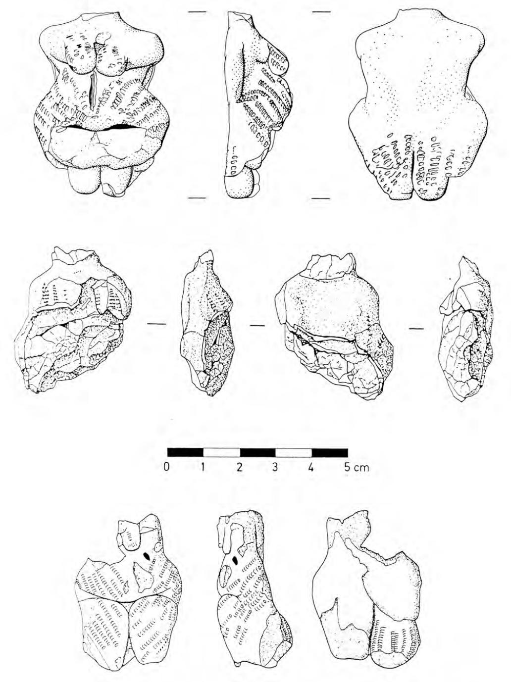Drawings of female figurines at different angles.
