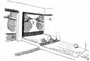 drawing of a room where skulls are on display.