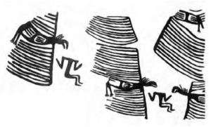 drawing of a frieze depicting vultures with gigantic comb-like wings assaulting decapitated figures.