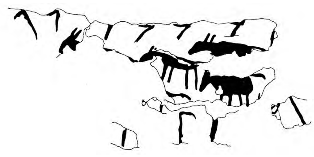 drawing of equids walking one behind the other