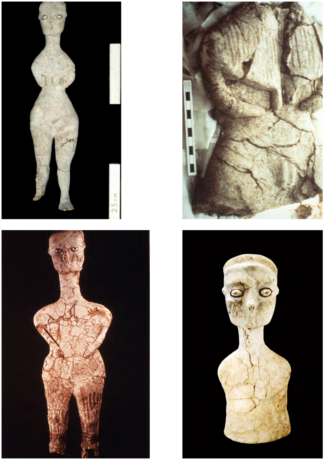 Photographs of four statues of figures.