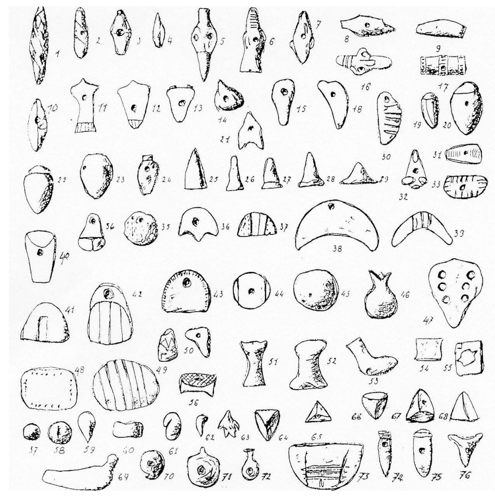 Black and white line drawing of numerous complex tokens