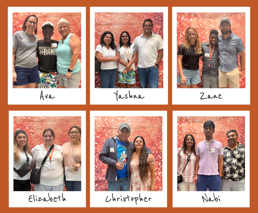 Grid of six framed photos on a rust-orange background, each showing a student posing with two staff or family members against a sparkly orange photo backdrop. Names appear below each photo: Ava, Yashna, Zane, Elizabeth, Christopher, and Nabi.