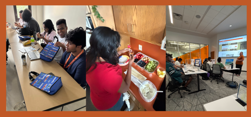 Three photos side by side: students seated at a long table with laptops and blue lunch bags labeled "CapMetro," a student adding fruit to a bowl at a snack station with berries and grapes, and a group of students at desks watching a presentation on a large screen.