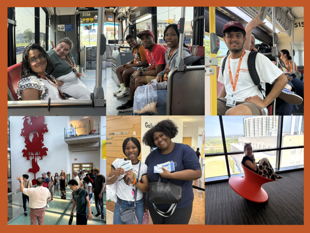 Six photos from a group outing: students riding a CapMetro bus, a student giving a thumbs up on the bus, visitors admiring a red sculpture and glass-floor exhibit at a museum, two students smiling and holding brochures, and a student sitting in a red swivel chair by a window with a city view.