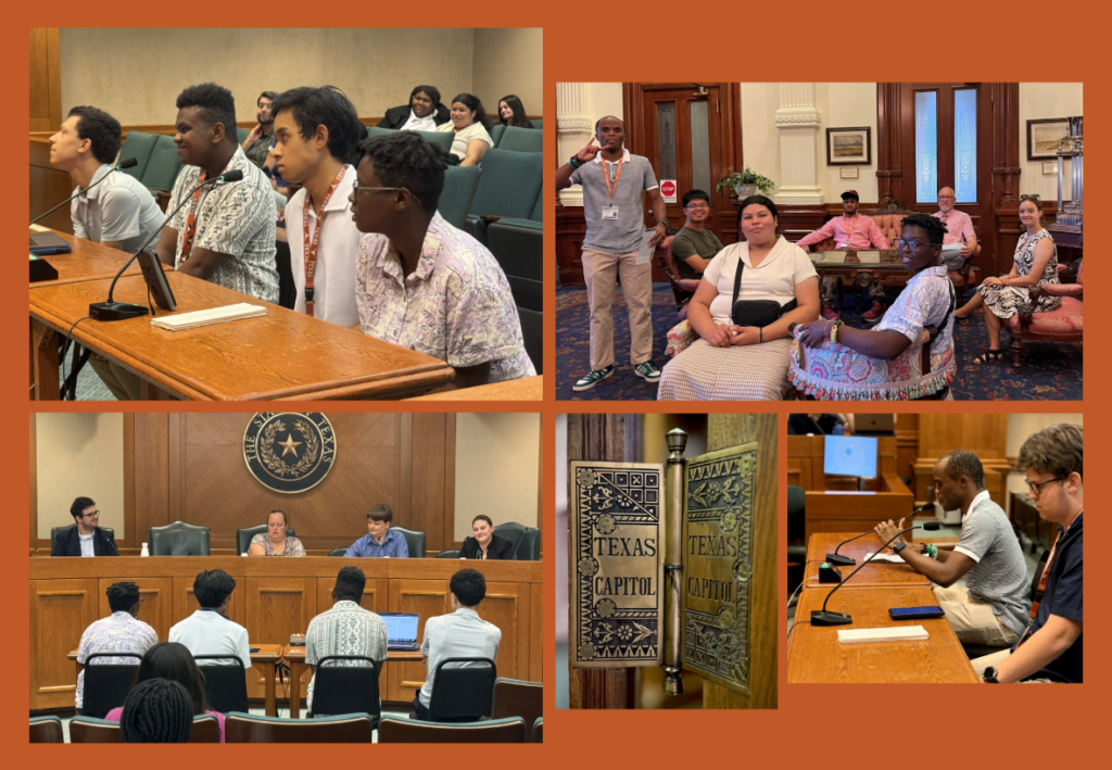 Five photos from a visit to the Texas Capitol: students seated at a witness table speaking into microphones during a committee hearing, a group relaxing in an ornate wood-paneled office, students seated in a hearing room facing committee members, a close-up of ornate brass doors reading "Texas Capitol," and two students at a hearing table.