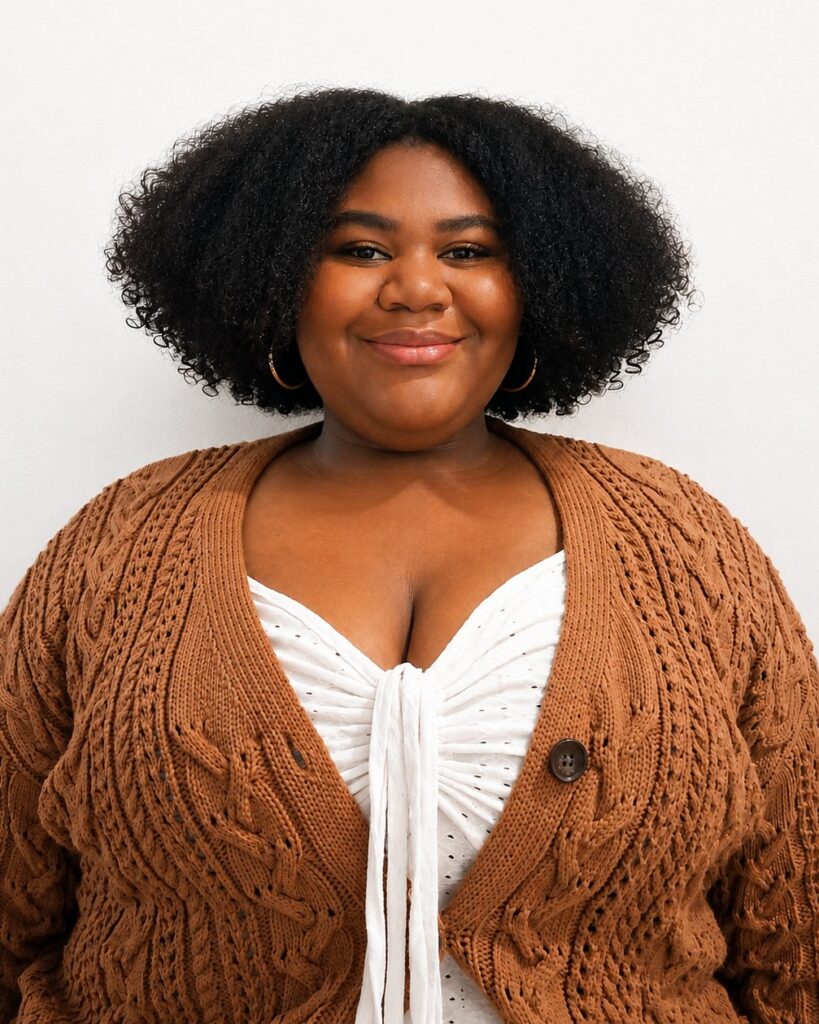 Suriya, a woman with curly dark hair and gold hoop earrings, smiling gently in a brown cable-knit cardigan over a white top, photographed against a plain light background.