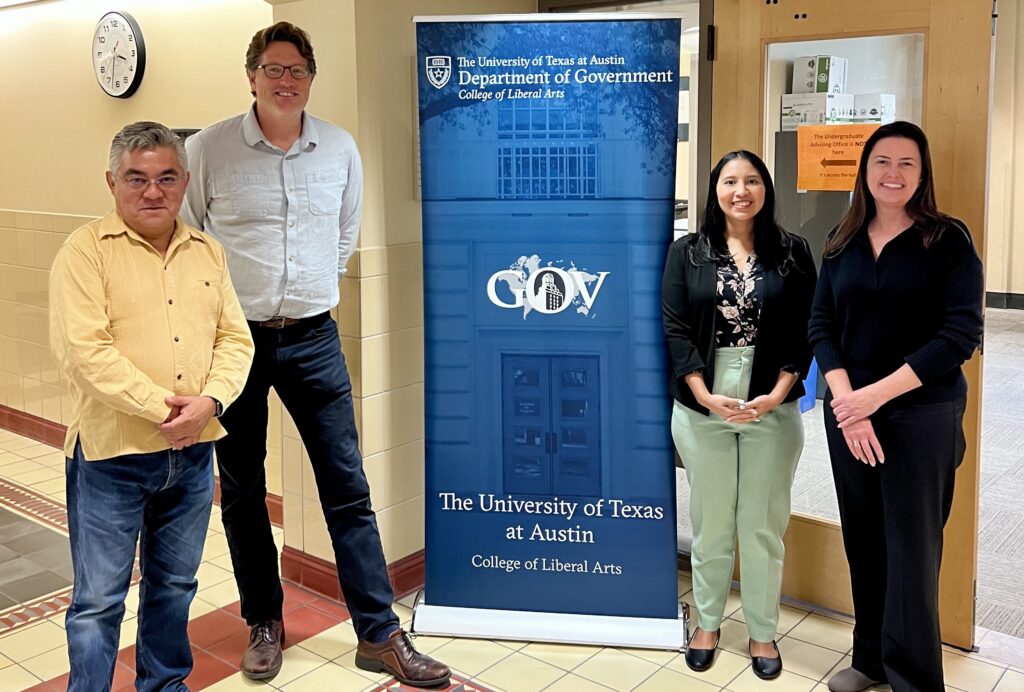 The UT Government Department and International IDEA kickoff a new collaboration that will send UT graduate and undergraduate students to work with IDEA on democracy and election assistance in the field. Left to right: Carlos González Martínez, Zachary Elkins, Katherine Batista-Sánchez, and Ashley Moran.