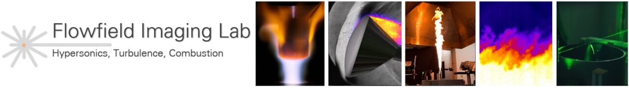 flowfield imaging lab logo with different pictures of flames and jet engines