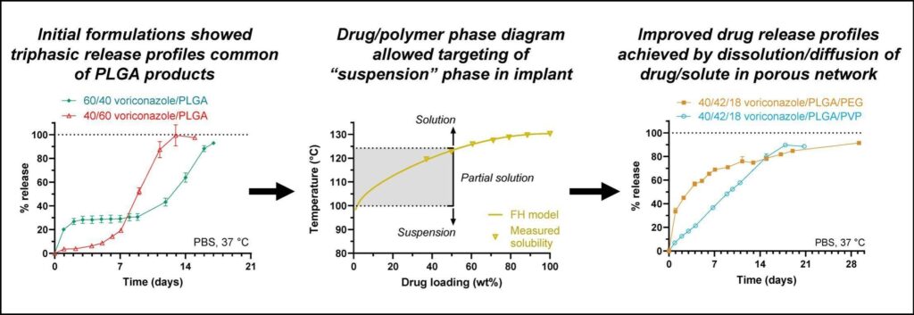 Graphical Abstract from "Johnson C, Chen BB, Bhalla A, Crowell E, Zhang F*, Elimination of “lag” and “burst” phase in drug release profiles of melt-extruded PLGA-based intravitreal implants, International Journal of Pharmaceutics 681: 125822 (2025)"