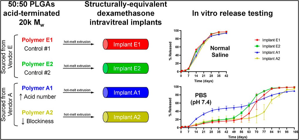 Graphical Abstract from "Costello MA, Liu J, Wang Y, Bin Q, Xu XM, Li Q, Lynd NA, Zhang F*. Role of PLGA variability in controlled drug release from dexamethasone intravitreal implants, Molecular Pharmaceutics 20:6330-6334 (2023)"