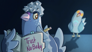 title image for "Trust NoBirdy" an original video game. a pigeon writes in a file while looking over its shoulder