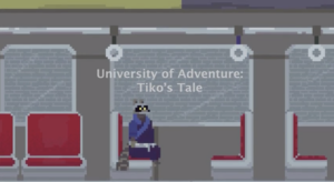 Title image for "University of Adventure: Tiko's Tale" a raccoon sits on a subway seat