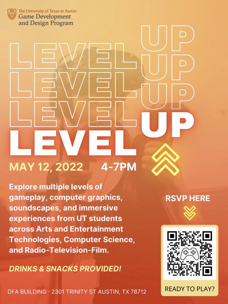 LevelUP Poster featuring a student playing a virtual reality video game created by the UT Game Development and Design Program