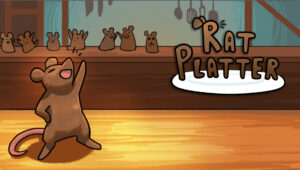 title image for original 2D game "Rat Platter," featuring a large smiling rat on a table with other rats in the background