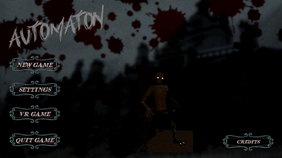 main menu for original horror game "Automaton." ominous creatures can be seen faintly in the background, their yellow eyes piercing the darkness