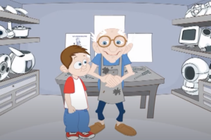still image of young boy and his grandpa from "Circuit," an original 2D video game created during the Spring 2013 capstone course