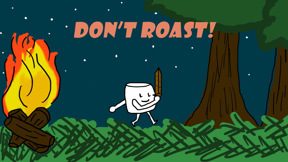 2D artwork for video game Don't Roast! a marshmallow with a sword walks through a forest at night next to a large campfire 