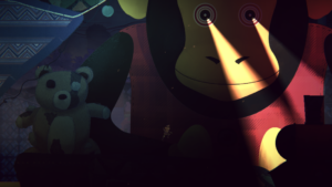 a creepy monkey toy in a dark toy box with tractor beams coming out of its eyes