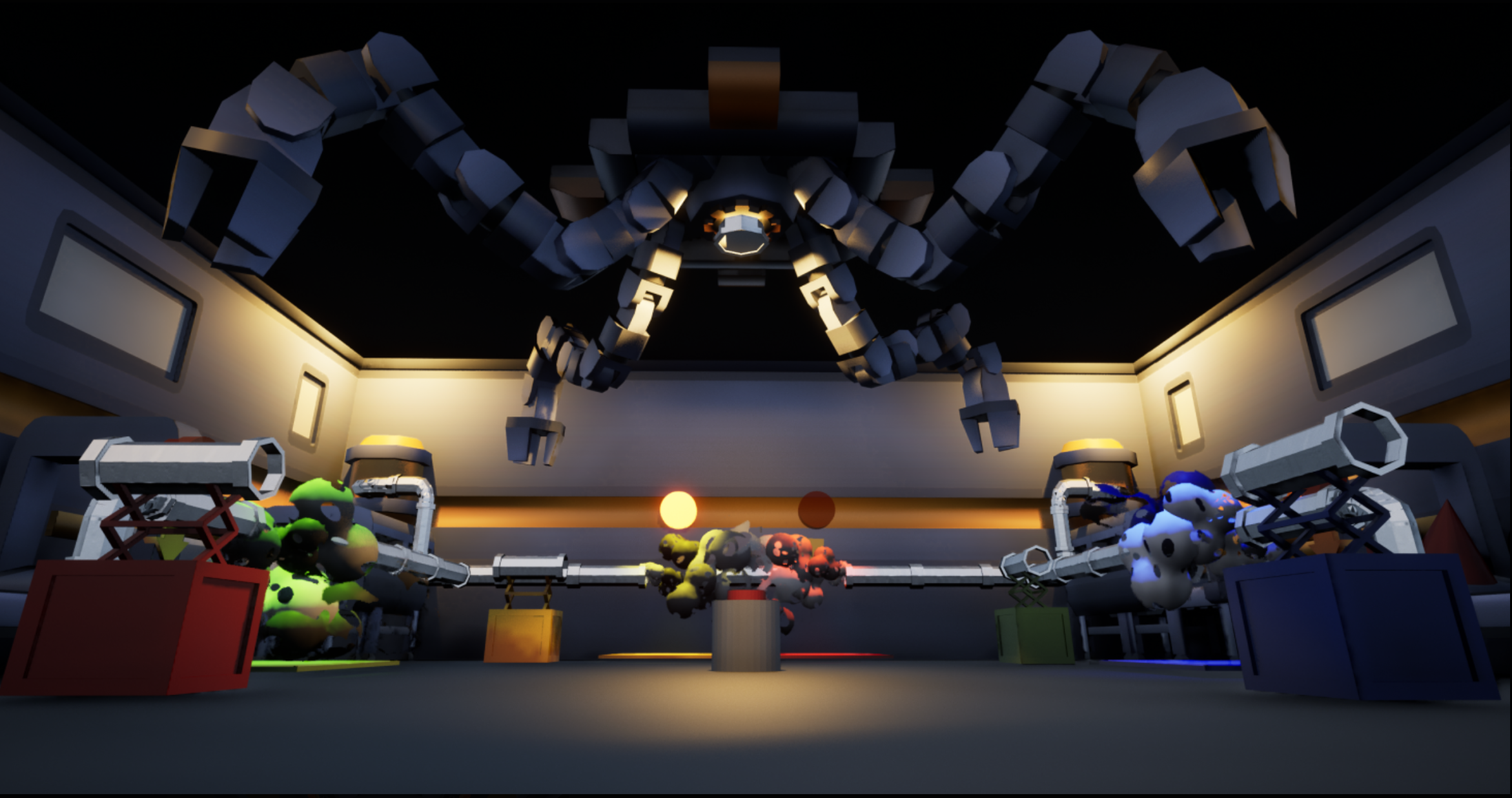 A stylized 3D game environment depicting a mechanical factory scene with robotic arms and colorful blob-like characters. The setting includes a massive overhead claw machine and symmetrical workstations with pipes and machinery on each side. Characters of varying colors (green, red, blue) appear to be emerging from or interacting with the machinery, suggesting a competitive or collaborative game environment. The lighting is warm and focused, highlighting a central platform and giving the scene a dramatic, game-show-like atmosphere.