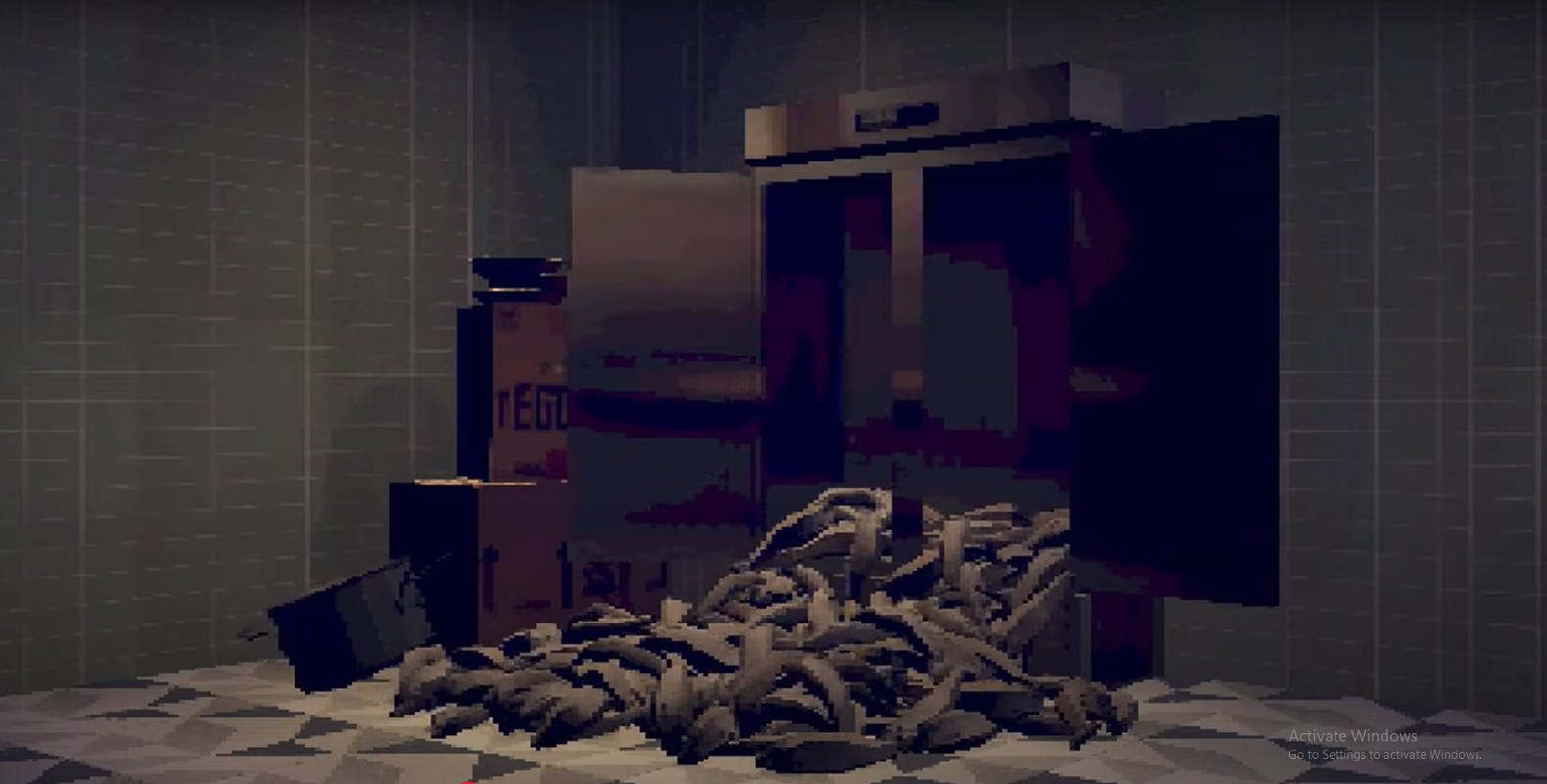 Pixel art scene featuring a dimly lit room with tiled walls and floor. A pile of what appears to be pixelated, stylized intestines or serpentine forms is sprawled on the ground in front of an open industrial refrigerator. Cardboard boxes are stacked nearby, one labeled “FRAGILE.” The eerie, muted palette and unsettling subject matter suggest a horror or thriller genre digital game or animation.