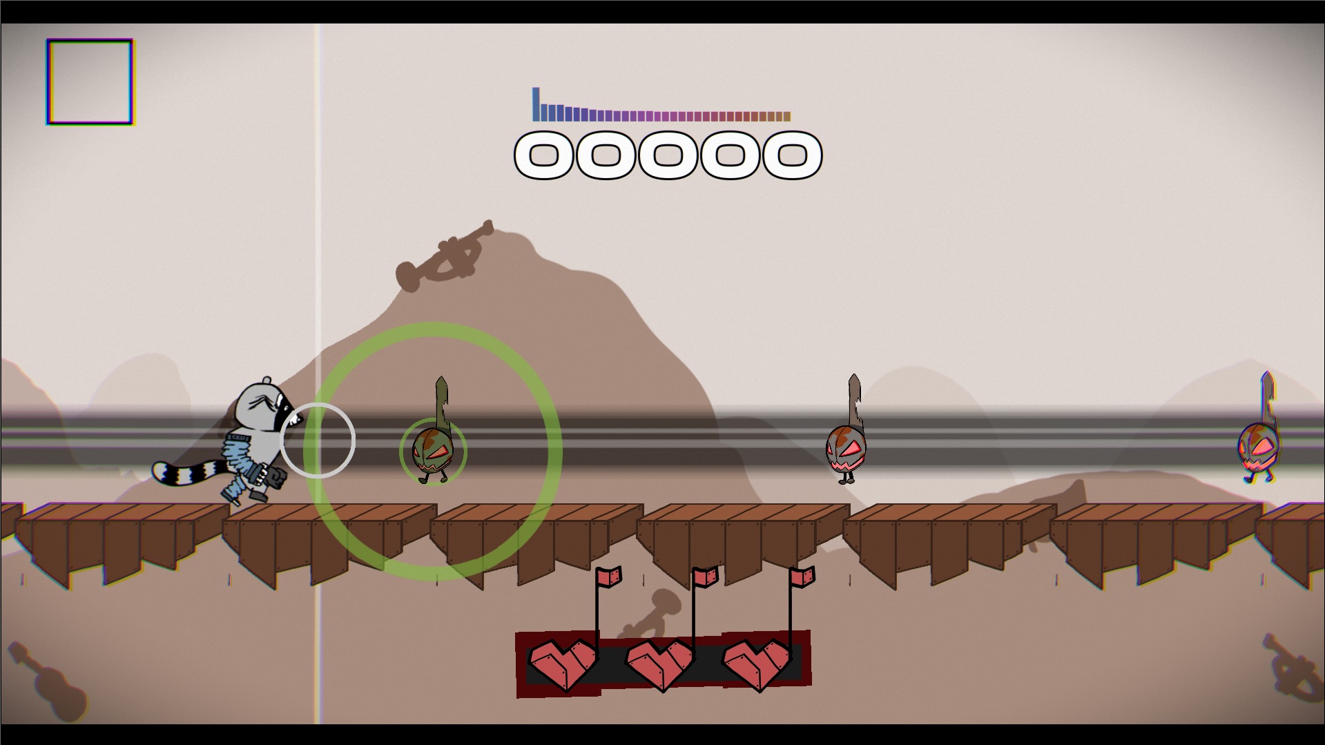 A stylized raccoon character with wings runs across a broken wooden platform, targeting enemies shaped like musical notes with angry faces and blades. A green circle indicates an active rhythm or aim mechanic, with a visible score and health meter at the top. The visual style mimics vintage animation with scan lines and chromatic aberration, blending rhythm-based gameplay with combat in a side-scrolling format.