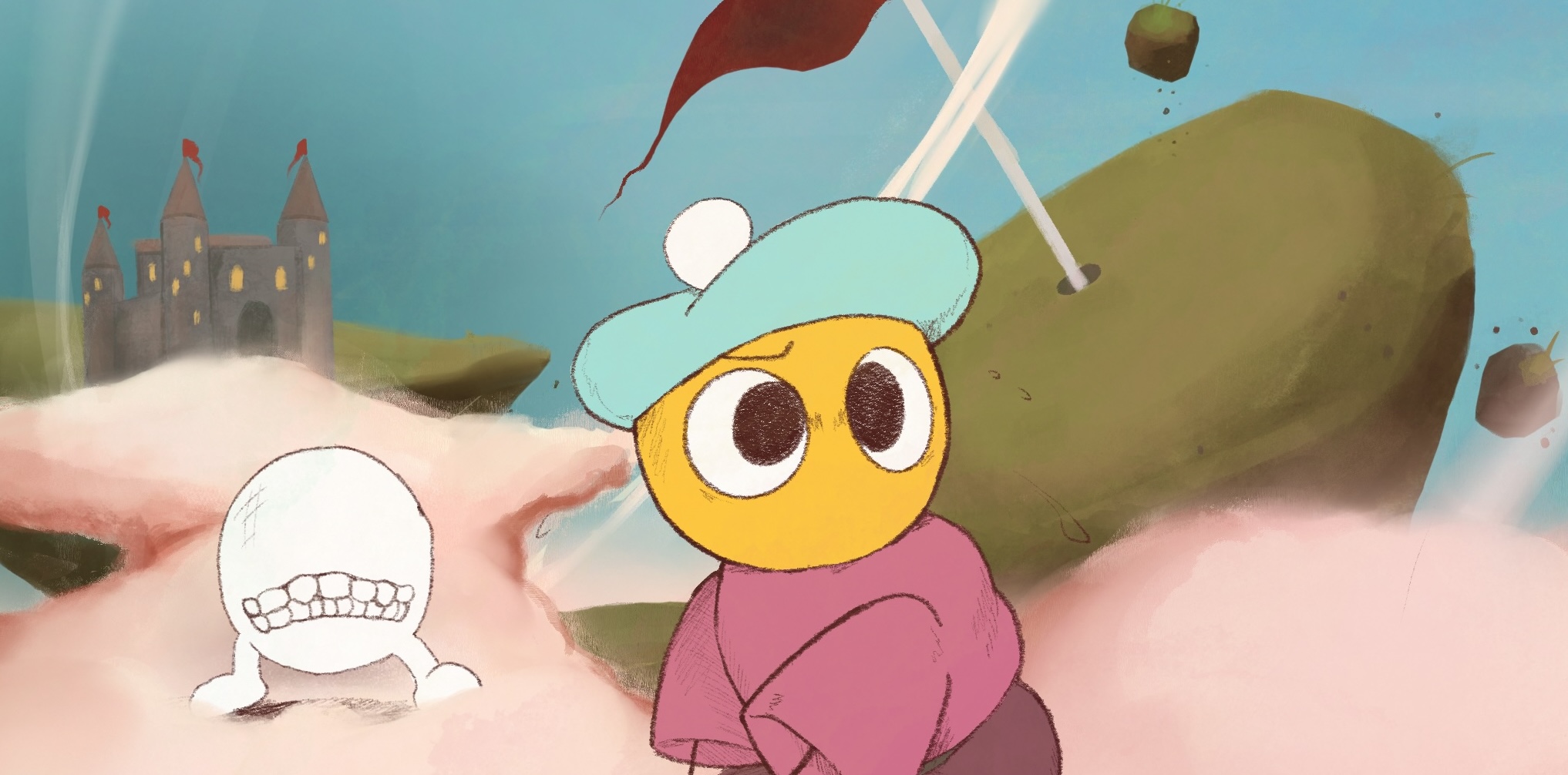 A colorful digital illustration featuring a cartoonish yellow character with large, black eyes, wearing a mint green beret and pink sweater, standing on a soft, cloudy surface. Behind the character is a whimsical, fantasy landscape with a castle on the left, golf tees and floating islands on the right, and a scribbly white creature with large teeth crawling toward the viewer. The scene is playful and surreal, evoking a storybook or animated video game style.