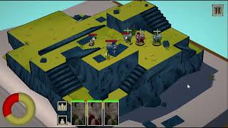 A 3D-rendered isometric view of a stylized game environment featuring a multi-level, angular platform with stairs and ledges. Several character units are positioned on top, each with health bars and distinct appearances, indicating a strategy or tactics-based gameplay. A circular HUD and character icons appear on the screen’s lower edge.