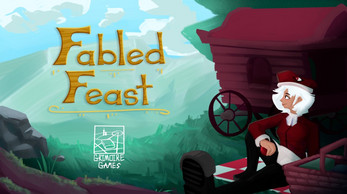 Title screen for Fabled Feast by Grimoire Games, featuring an illustrated elderly character in a red coat beside a rustic building surrounded by lush greenery.