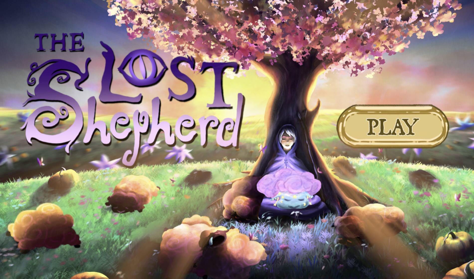 Title screen for The Lost Shepherd, featuring an illustrated cloaked figure seated beneath a glowing blossom tree, surrounded by fluffy sheep in a magical meadow, with a Play button.