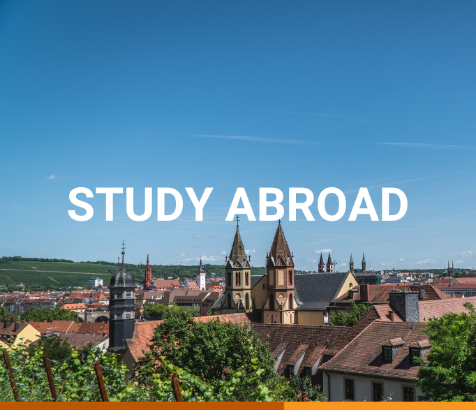 Banner that says "Study abroad" in white text. The background shows a skyline of the German city of Würzburg, with dark red roofs and two older towers sticking out.