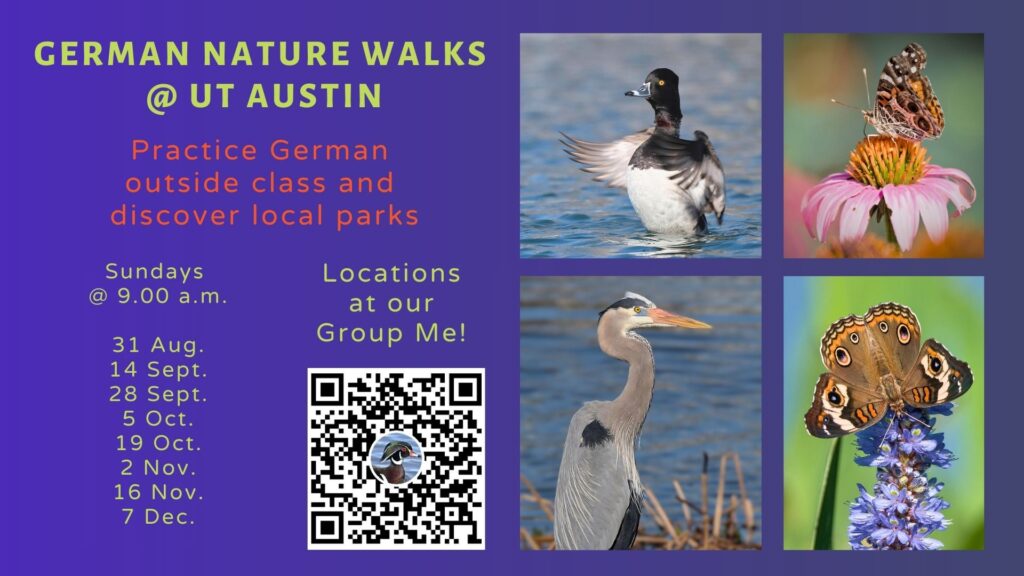 An image with dates of nature walks and a qr code to the event's groupme