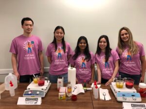 Lab members wearing matching t-shirts and standing at a table with gummy-making supplies.