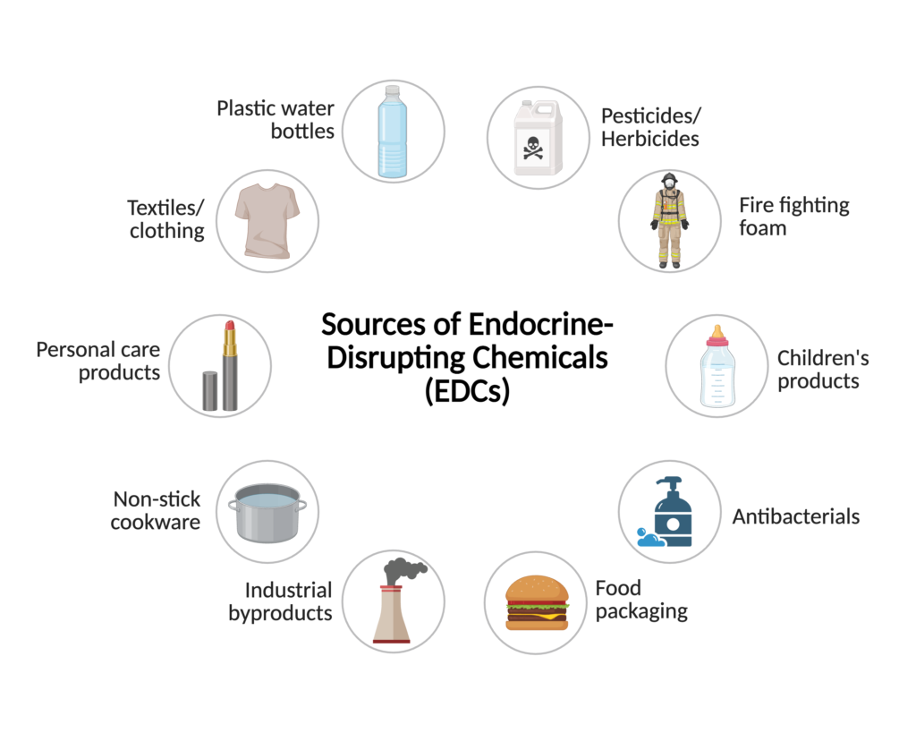 Sources of Endocrine-Disrupting Chemicals (EDCs):
Plastic water bottles,
Pesticides/ Herbicides,
Fire fighting foam,
Children's products,
Antibacterials,
Food packaging,
Industrial byproducts,
Non-stick cookware,
Personal care products,
textiles/ clothing