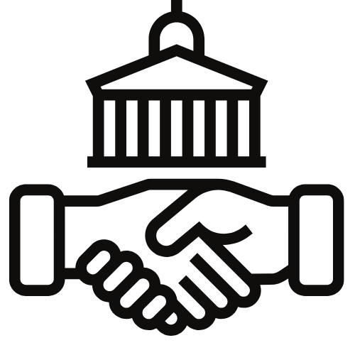 Icon featuring handshake in foreground and building with columns in the background, representing federal and state funding for the Institute's initiatives.