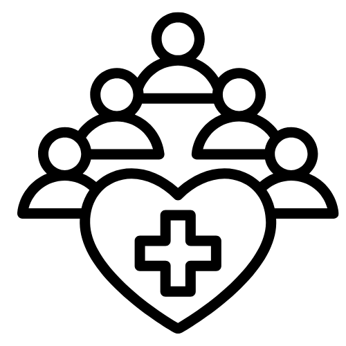 Icon featuring five identical people in front of a heart with a cross in the middle, representing a spectrum of healthcare professionals.