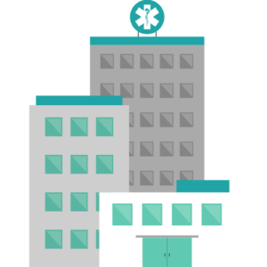 Three buildings a varied heights depicting a medical facility, in sepia tone.