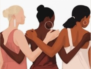 Three women of various ethnicities linking arms, with their backs facing the viewer.