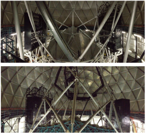 Panoramic views showing the VIRUS Enclosures being installed.  The top shows a view from in-front of the mirror and the bottom shows a view from behind the mirror.  Both are taken from the catwalk.