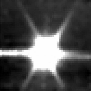 First reconstructed IFU image from VIRUS.  A very bright 8th mag standard star with the stretch set very wide to show all features.