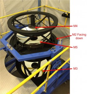 An image of the Wide Field Corrector with its covers off in the temporary clean tent in the HET loading bay.  The Wide Field Corrector will live on the tracker and takes the beam of the HET, corrects for spherical aberration and brings it to focus.