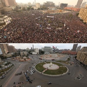 An aerial view of Tahrir Square reveals the dramatic difference in usage of the public space before and during the January 2011 revolution