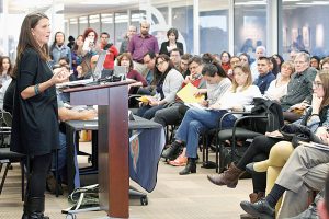 Author Dawn Paley addresses the audience at the 2016 Lozano Long Conference. Photo: Robert Estrada.