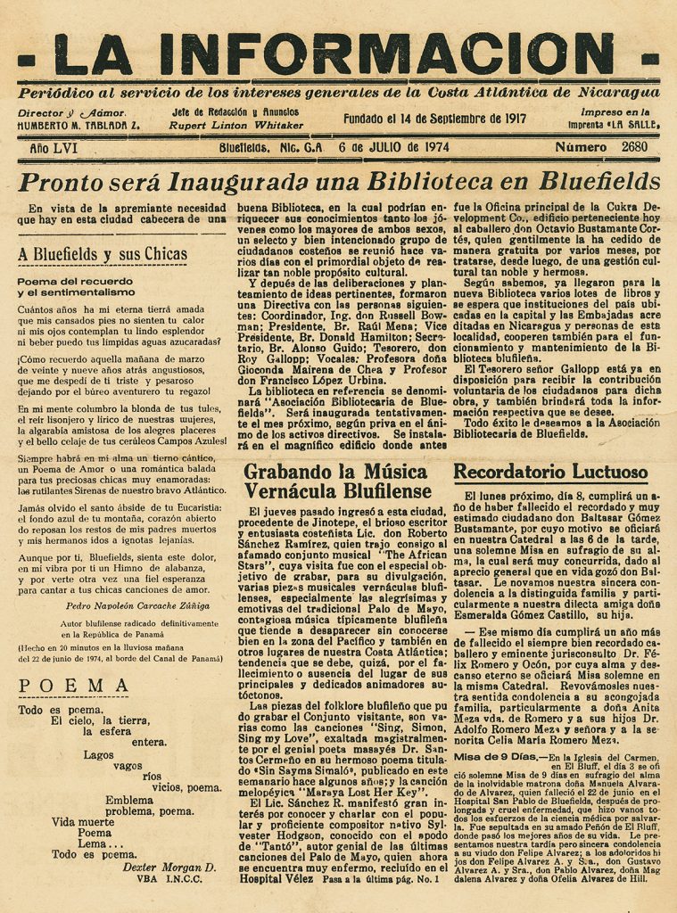 "La información," published in Bluefields, Nicaragua, covered local news and society reporting, as well as national and international political events.
