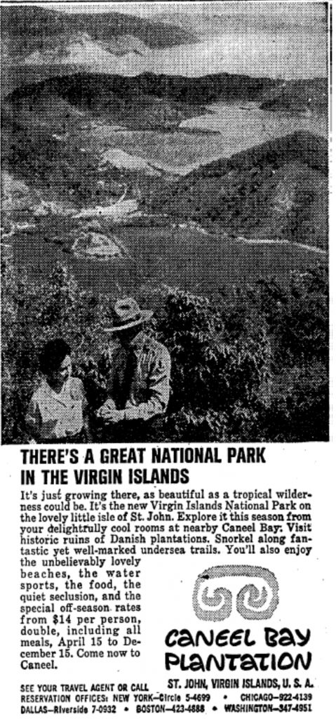 The Virgin Islands National Park and Lawrence Rockefeller’s Caneel Bay resort, simultaneously advertised in the New York Times (November 18, 1962).